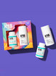 A product image featuring a colorful packaging box with 'K18' branding alongside two bottles of molecular repair mask and the detox shampoo placed outside the box on a purple background.